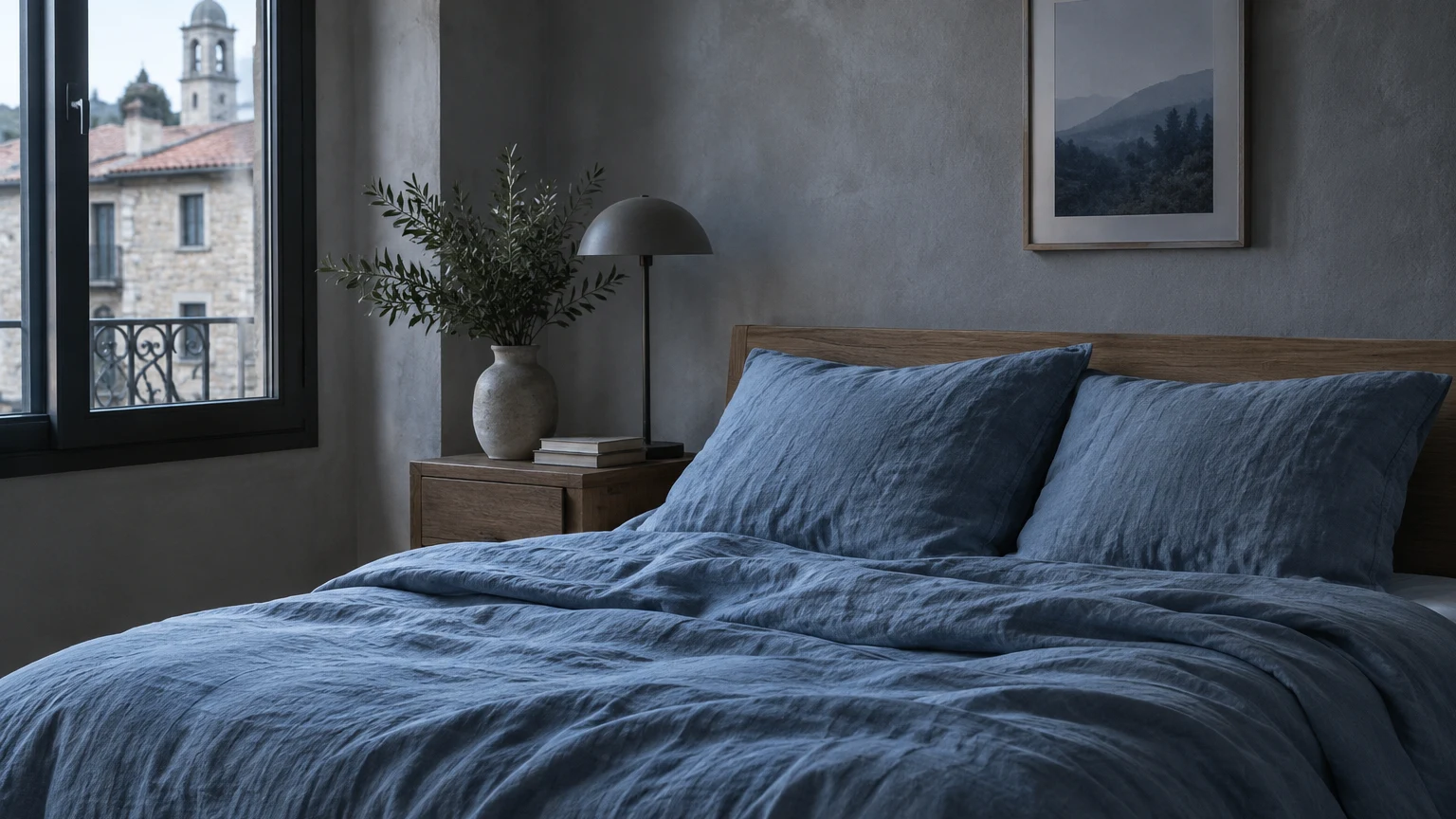 Dormitorio con funda nórdica de lino lavado en azul niebla